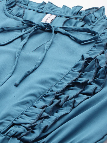 Tie-Up Neck Puff Sleeve Ruffled Fit & Flare Midi Dress